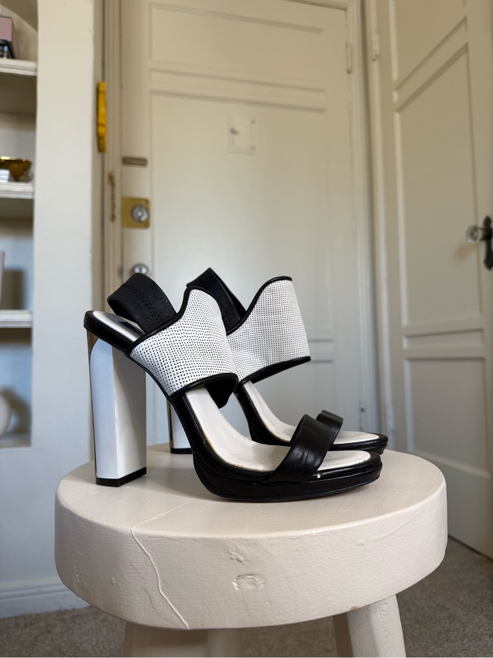 BCBGmaxazria Black and White Block Heel Sandals - Picture 2 of 5